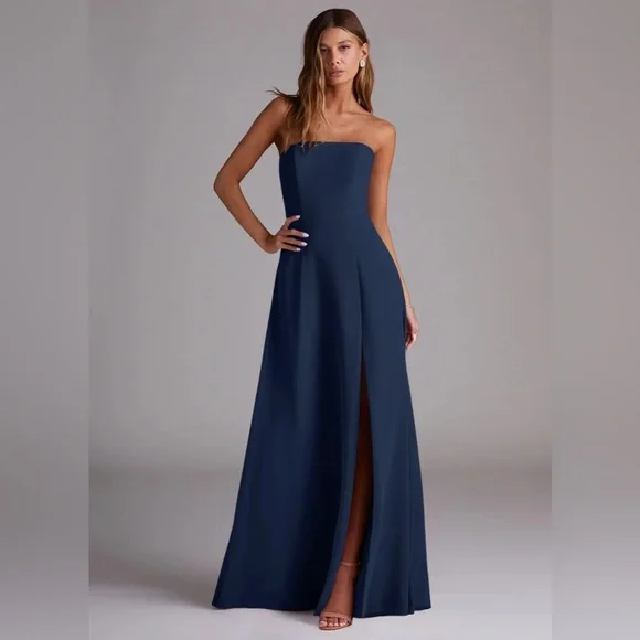 Azazie Wren Dark Navy A-Line Side Slit Chiffon Dress - Picture 4 of 13